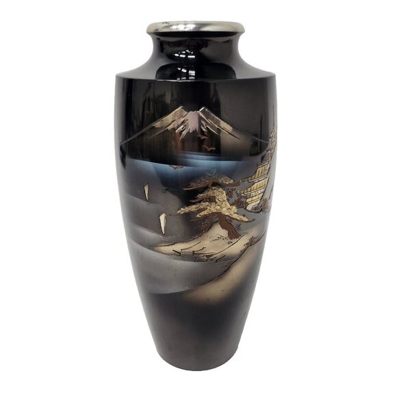 Vintage Japanese Valley Mountain Pattern Metal Etched Gilt & Silver Patina Vase - Picture 1 of 8